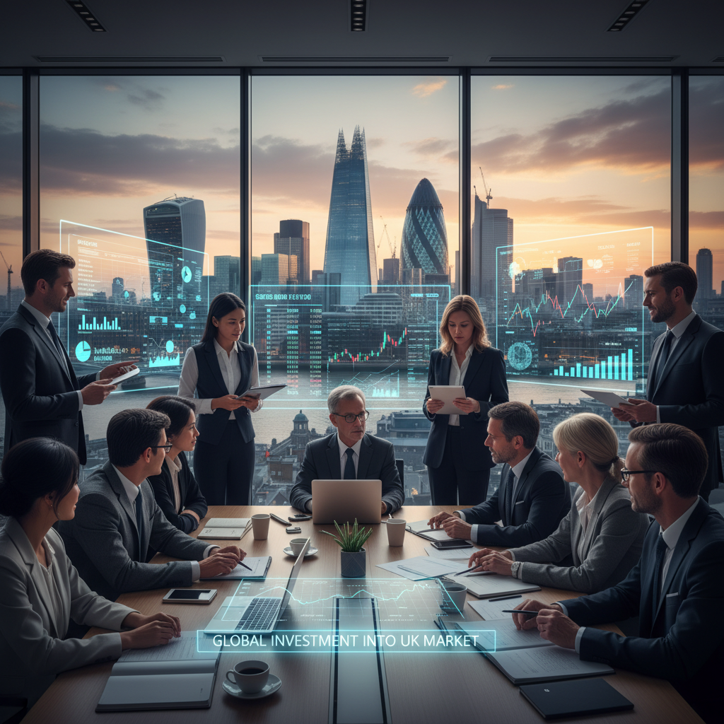 A detailed, photorealistic image of a diverse group of international investors analyzing financial charts and data on screens, with the London skyline visible in the background, symbolizing global investment into the UK market.