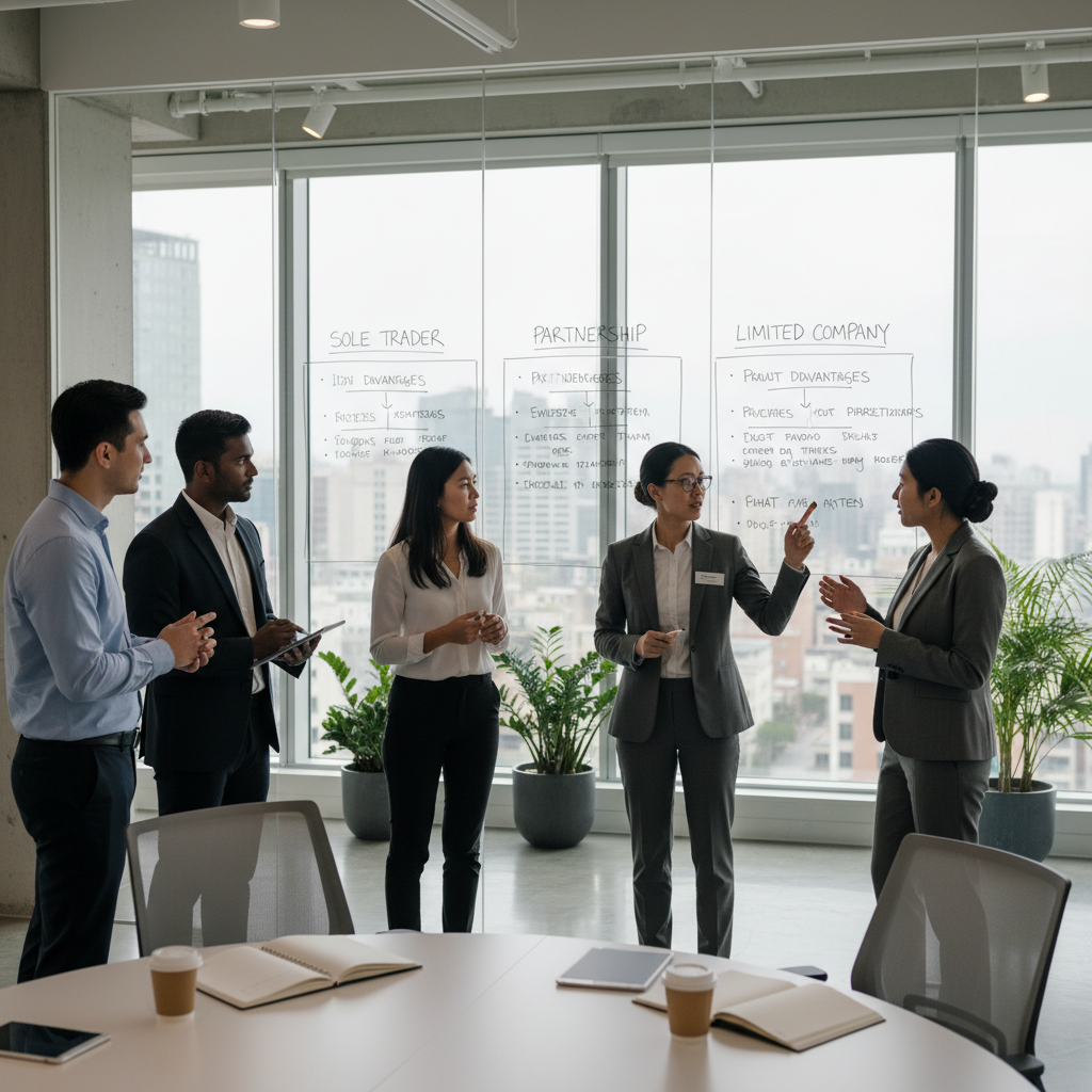 A diverse group of expat entrepreneurs in a modern, well-lit office, looking at a whiteboard with various business structure diagrams (Sole Trader, Partnership, Limited Company) drawn on it, discussing the pros and cons with a legal advisor in a professional setting. The image should convey collaboration, deliberation, and professional guidance in an inclusive environment.