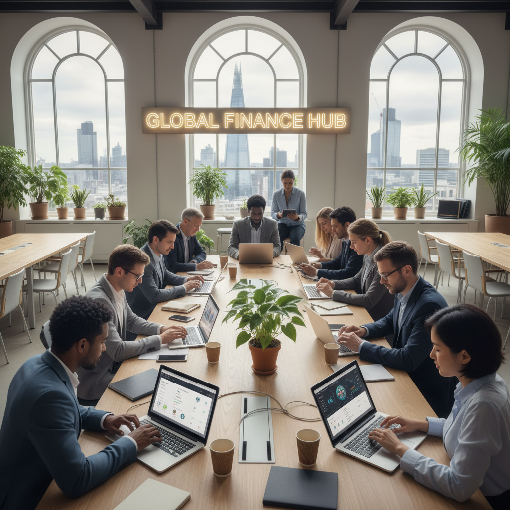 A diverse group of business professionals from various backgrounds, looking at digital banking interfaces on laptops and tablets in a modern, light-filled co-working space in London, with a faint cityscape in the background, conveying global connectivity and modern finance for entrepreneurs. The scene should be realistic and professional.