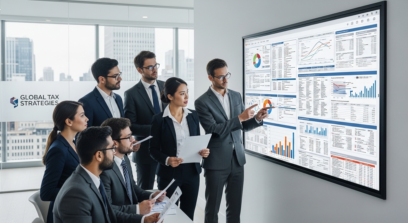 A professional, diverse group of business people in a modern office, reviewing complex financial documents and charts on a large screen, symbolizing strategic tax planning for international businesses.
