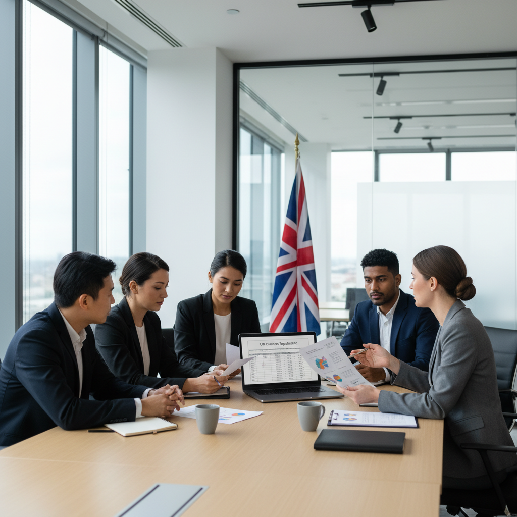 A diverse group of expat business owners in a modern, well-lit office discussing compliance documents with a UK business consultant. They are looking at a laptop and paper forms, with a British flag subtly in the background, conveying professionalism and international collaboration.