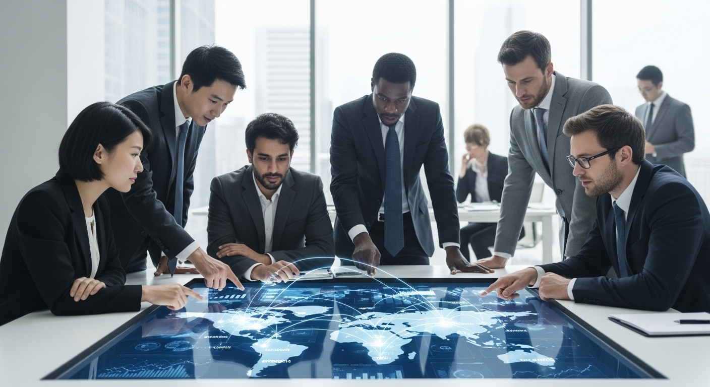 A diverse group of international business professionals in a modern, light-filled office space, looking at a digital tablet displaying charts and global connections. The image should convey professionalism, global reach, and ease of business.