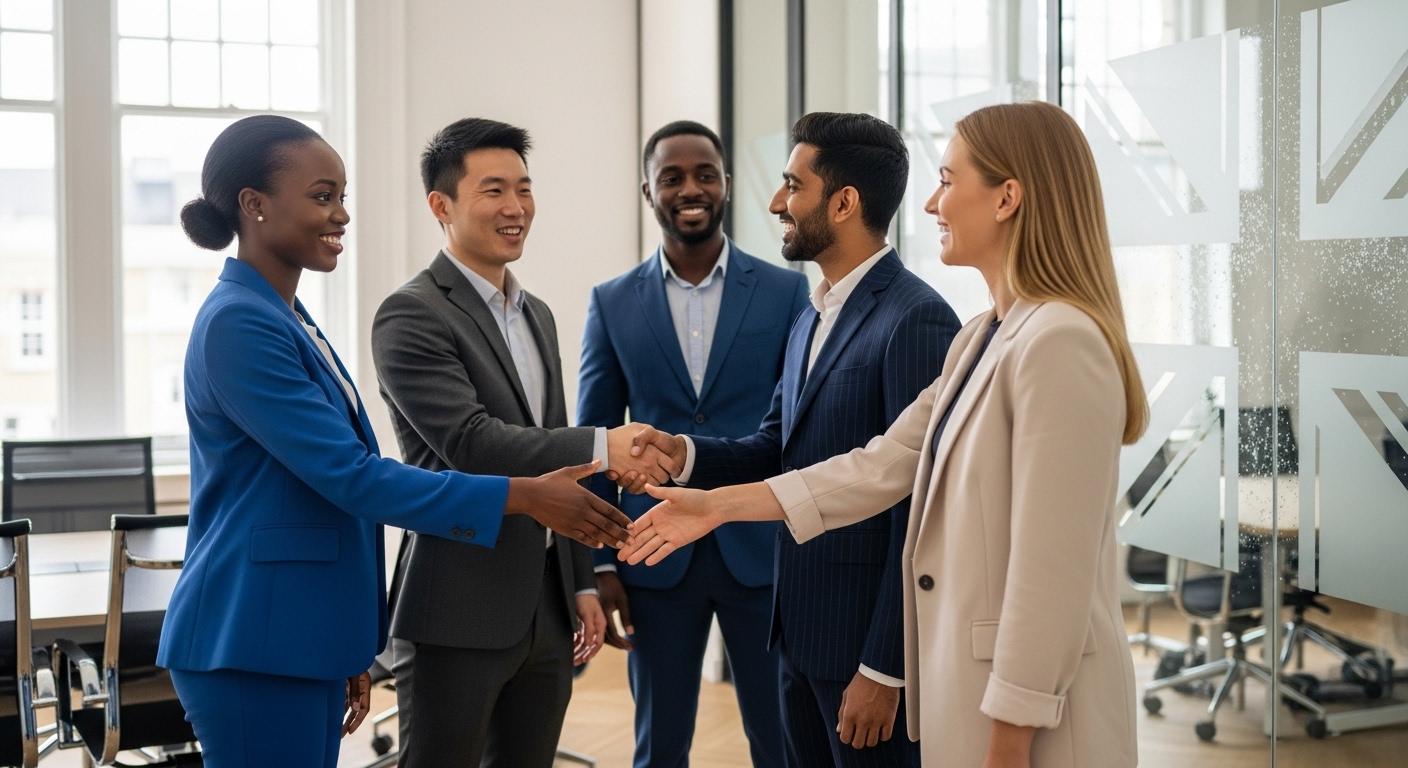 A diverse group of international business professionals, smiling and shaking hands in a modern, light-filled UK office, with a subtle Union Jack motif in the background, illustrating successful cross-cultural business collaboration and support.