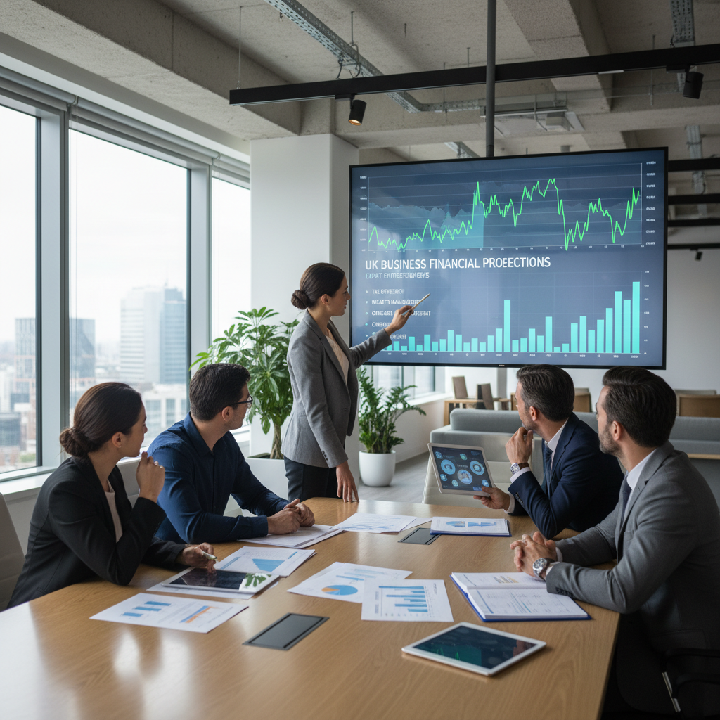 A professional, diverse group of individuals collaborating in a modern office setting, discussing financial documents and digital charts related to UK business, with one person pointing at a screen showing financial projections, embodying expert financial advice for expat entrepreneurs.