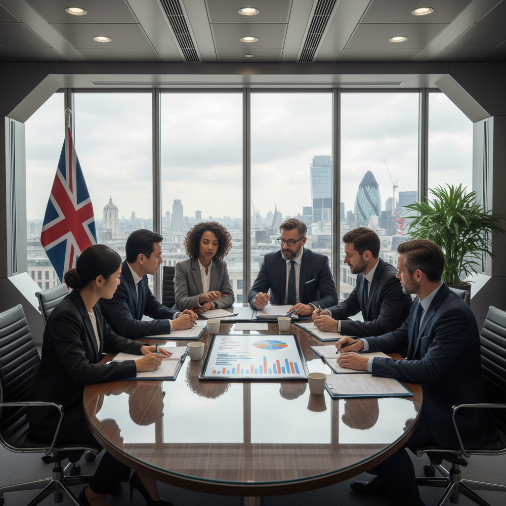 A professional, diverse group of business people, some looking international, are gathered around a modern conference table in a sleek UK office. They are reviewing documents and discussing strategies, with a digital tablet displaying charts and a UK flag subtly in the background, conveying international business and collaboration.