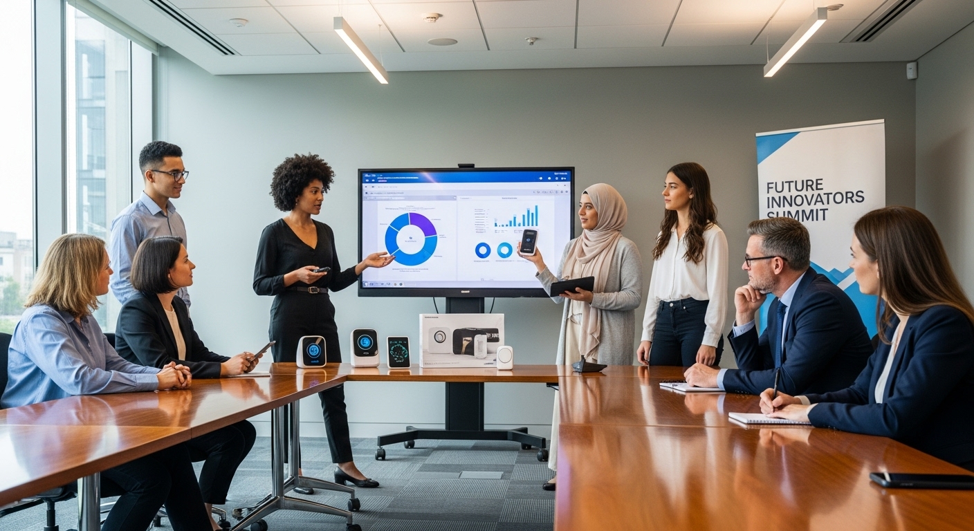 A diverse group of young entrepreneurs presenting an innovative business idea to a panel of expert judges in a modern, brightly lit conference room, showing charts and prototypes, captured in a photorealistic style.