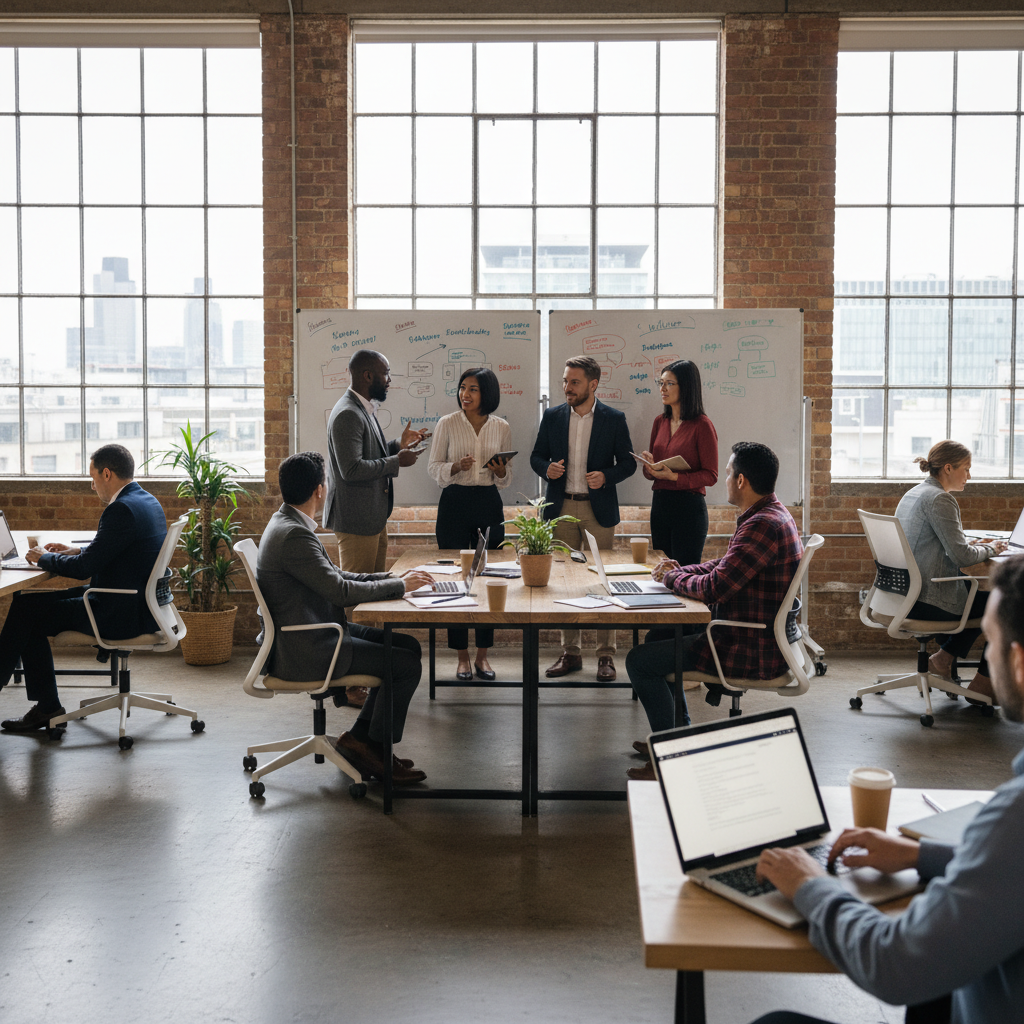 A diverse group of expat entrepreneurs in a modern, light-filled co-working space in London, actively collaborating and discussing business plans on whiteboards and laptops. The atmosphere is energetic and professional, showcasing innovation and collaboration.